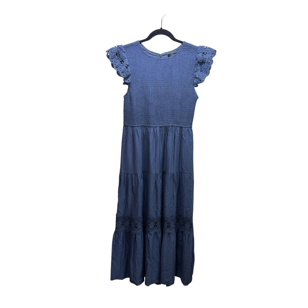 Smocked Tiered Midi Dress Flutter Sleeve Crochet Lace Cottagecore Dusty Blue M
